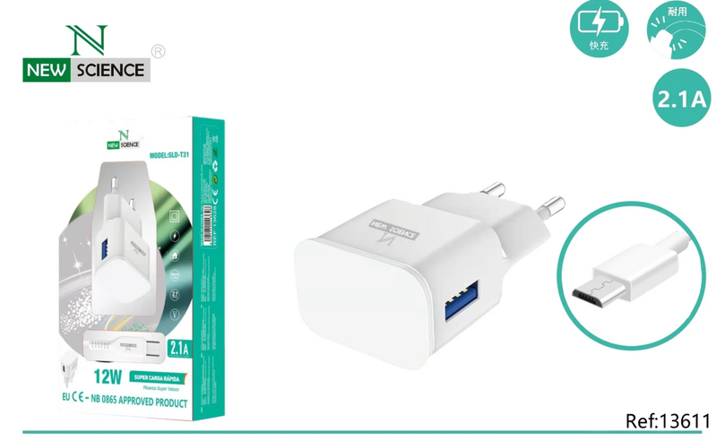 Carregador Branco USB 12W + Cabo USB - Micro USB 1M 2.4A NEWSCIENCE MODEL SLD-T31