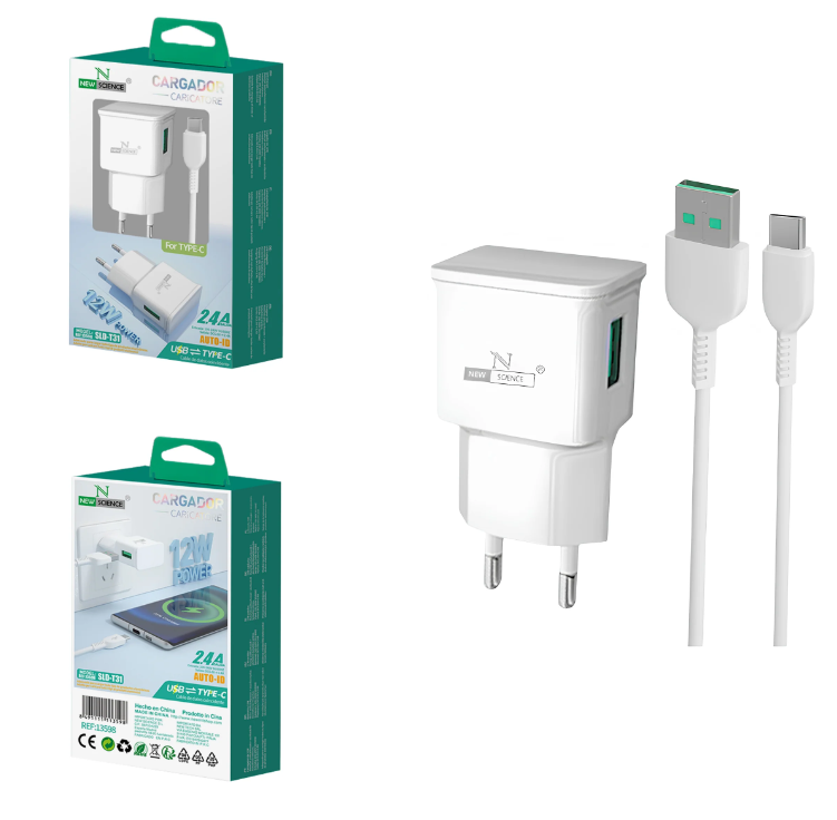 Carregador Branco USB 12W + Cabo USB - Type C 1M 2.4A NEWSCIENCE MODEL SLD-T31