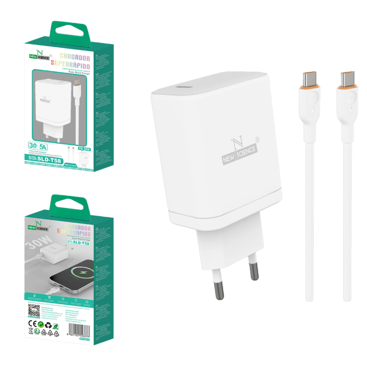 Carregador Branco USB-C+ Cabo USB-C para USB-C 30W-5A 1M NEWSCIENCE SLD-T58