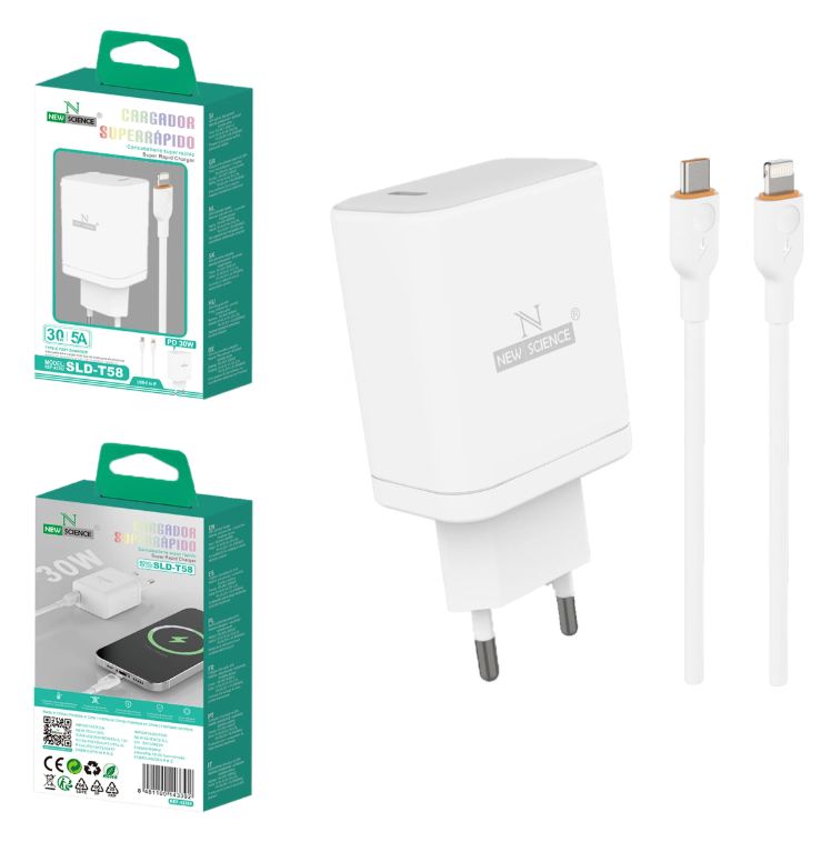 Carregador Branco USB-C+ Cabo USB-C para Lightning 30W-5A 1M NEWSCIENCE SLD-T58