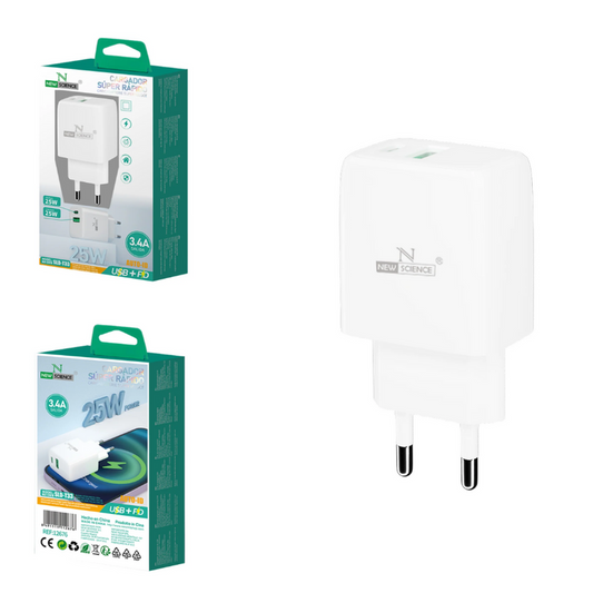 Carregador Branco Dupla Entrada USB + USB-C 25W 3.4A NEWSCIENCE SLD-T33