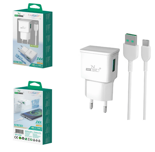 Carregador Branco USB 12W + Cabo USB - Type C 1M 2.4A NEWSCIENCE MODEL SLD-T31