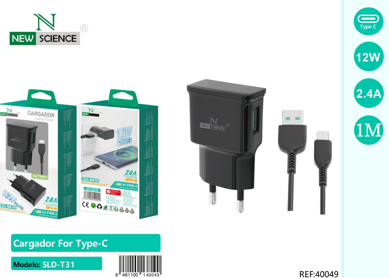Carregador Preto USB 12W + Cabo USB - Type C 1M 2.4A NEWSCIENCE MODEL SLD-T31