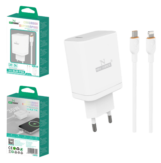 Carregador Branco USB-C+ Cabo USB-C para Lightning 30W-5A 1M NEWSCIENCE SLD-T58