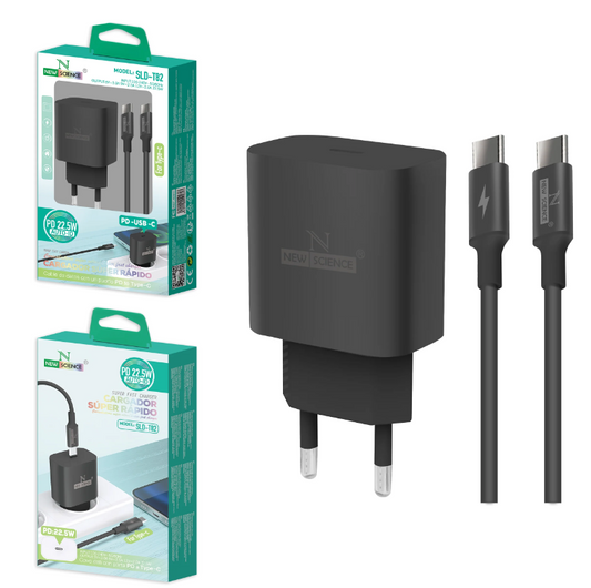 Carregador Preto USB-C + Cabo USB-C para USB-C 22.5W 1M NEWSCIENCE SLD-T82