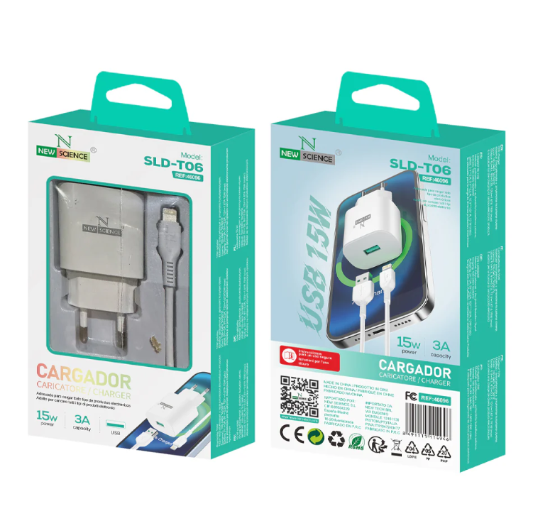 Carregador USB 15W + Cabo USB - Lightning 1M 3A NEWSCIENCE MODEL SLD-T06
