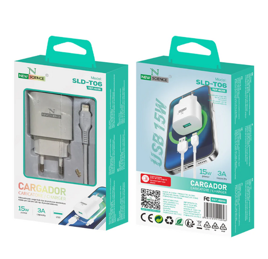 Carregador USB 15W + Cabo USB - Lightning 1M 3A NEWSCIENCE MODEL SLD-T06